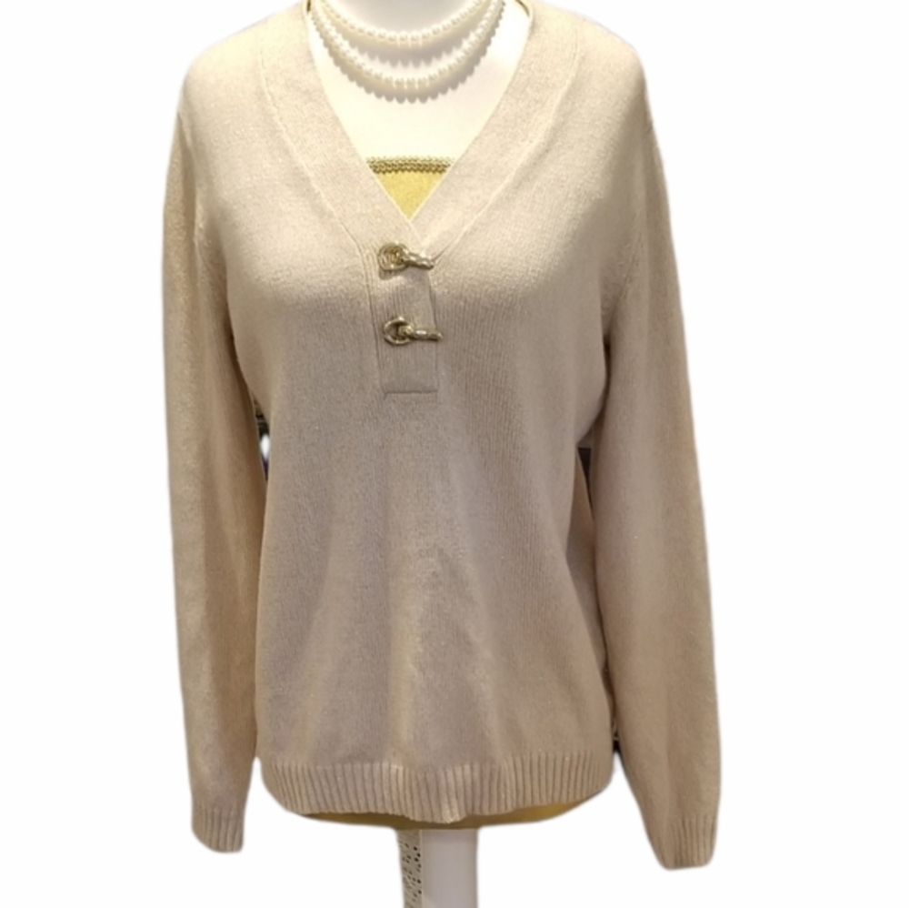 Charter Club Cream Color Metallic Gold V-Neck Sweater